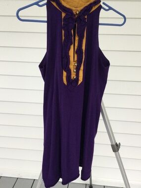 Tru Colors Sleeveless Purple and Gold Sleeveless Tank, Ruffles & Buttons Down